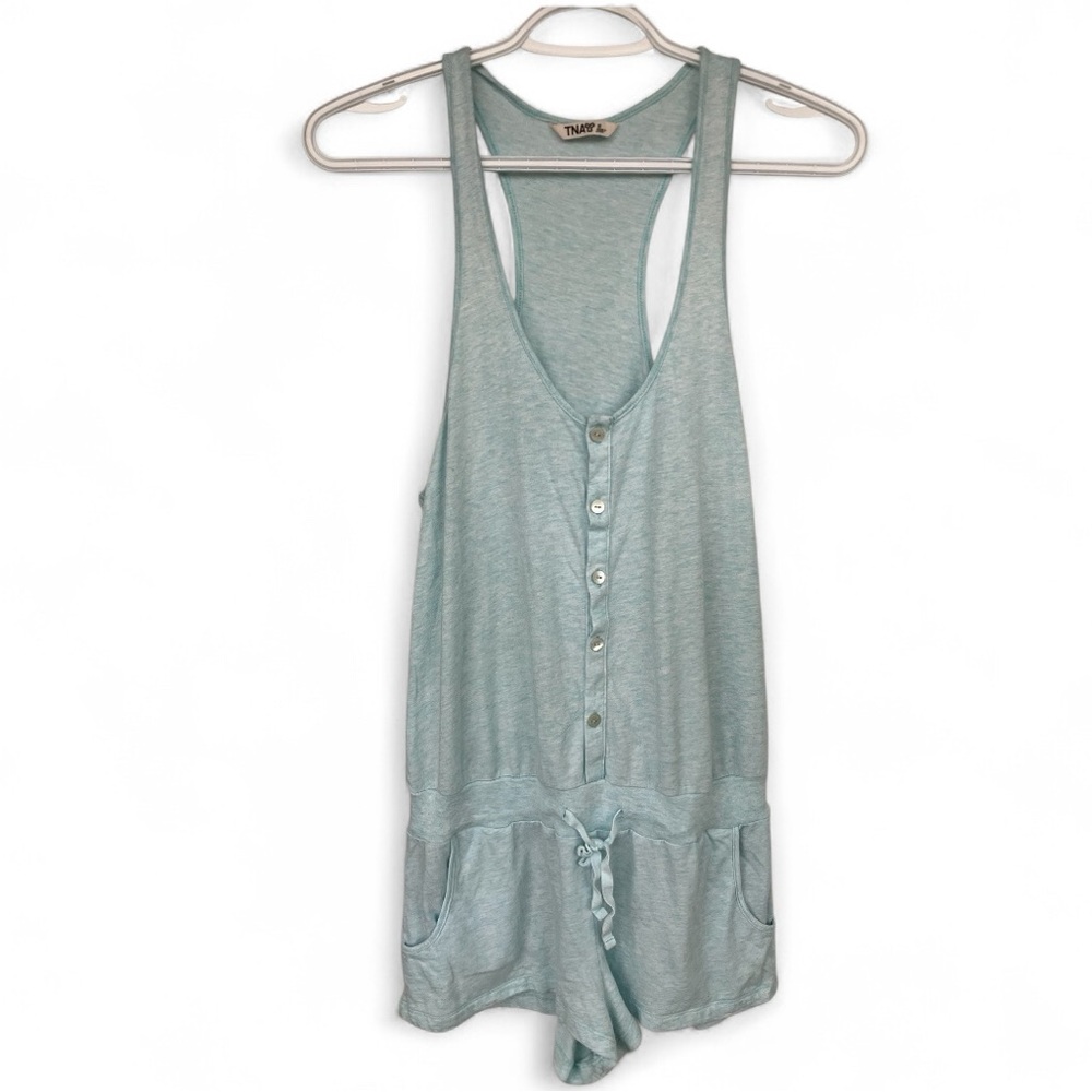 TNA ladies shorts tank button down romper jumpsuit drop waist blue small
